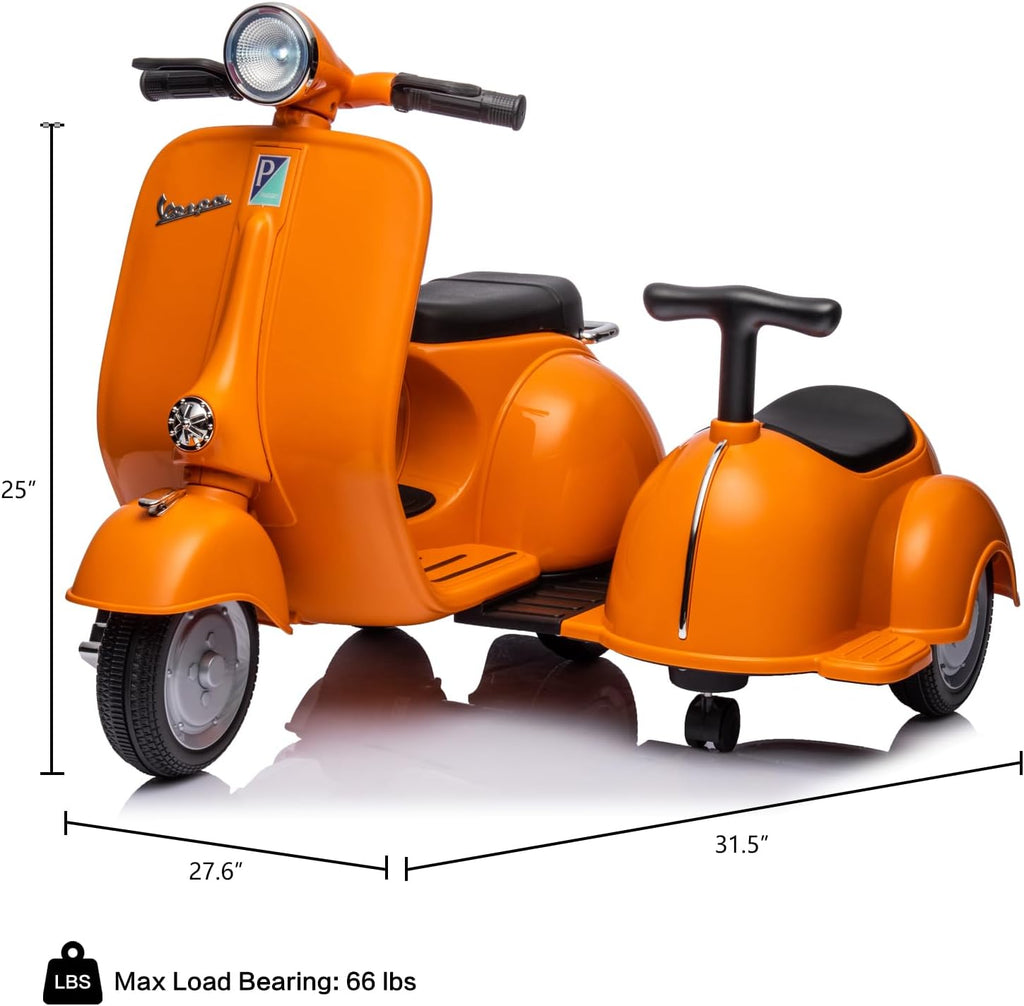 Licensed Vespa Kids Ride On Car with Side Car & Speaker | Motorcycle 2 Seater Three Wheeled Toy Car Rechargeable with Music Player, Volume Button, Lights, USB Plug, Forward, Backward, Orange