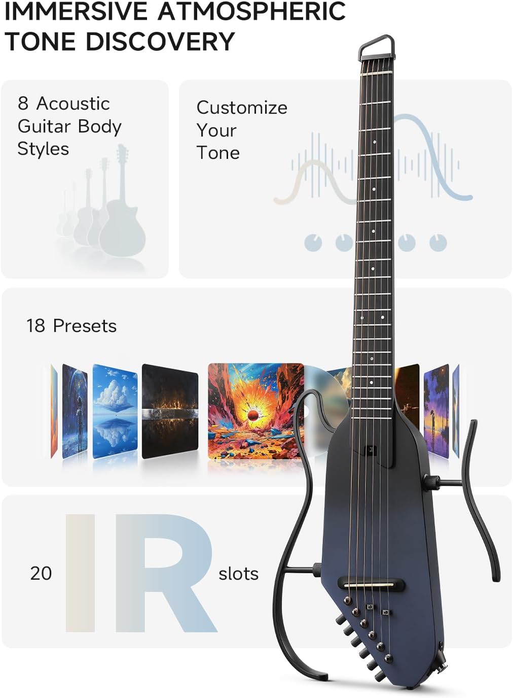 Donner Acoustic Electric Guitar HUSH I PRO Travel Guitar with Multiple Effect Modes Smart Guitarra Kit of Earphone, Gig Bag, Strap, Charging Cable, Black