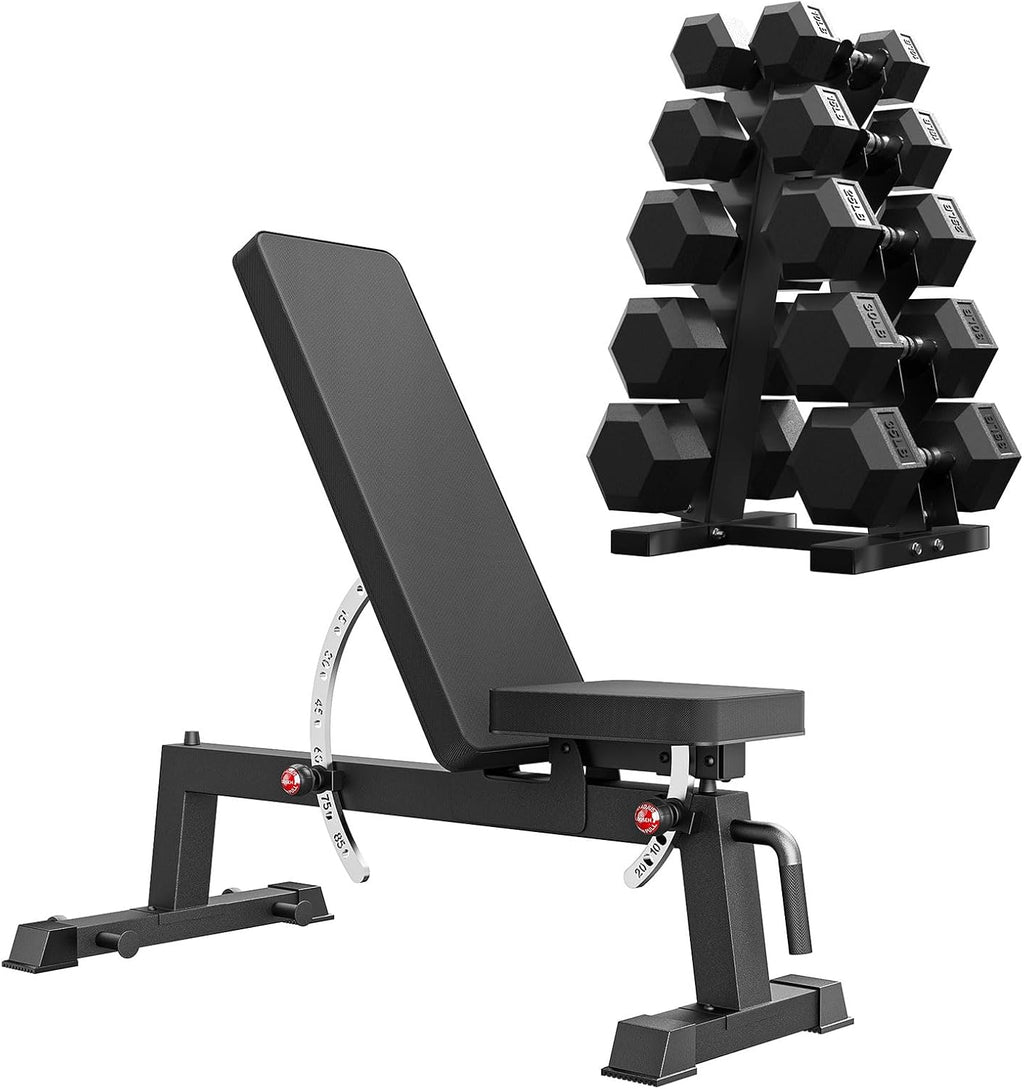 PAPABABE Adjustable Weight Bench with Weight Set, Heavy-Duty Workout Bench with Two-Way Angle Adjustment, Comfortable Extended & Easy-to-Clean Backrest, Transport Wheels & Easy Mobility for Home Gym