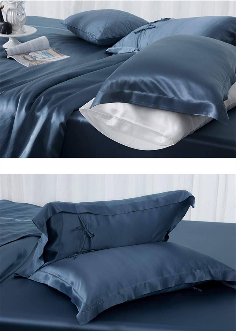 Orose 4Pcs 30 Momme Silk Sheets Set Seamless Custom, Thick, Deep Pocket 100% Charmeuse Mulberry Silk Bedding Top Flat Bottom Fitted (Misty Blue, King)