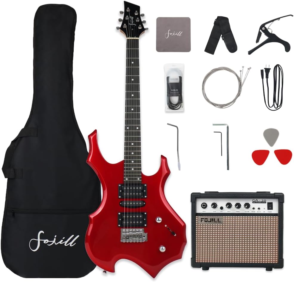 Fojill Heavy Metal Cool Shape Electric Guitar Kit Set Beginner Starter Combo Package Bundle 20W Amplifier Amp Accessory Padded gig Bag,Picks, Cable,Strap,Extra Strings (FCGK-50, Metallic Red)