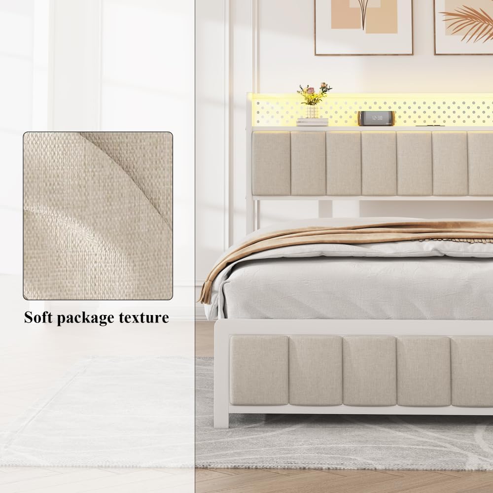 Queen Size Platform Bed with 4 Drawers, Metal Bed Frame with LED Lights and Charging Station, No Box Spring Needed, (Beige), Noise Free,Easy Assemble.