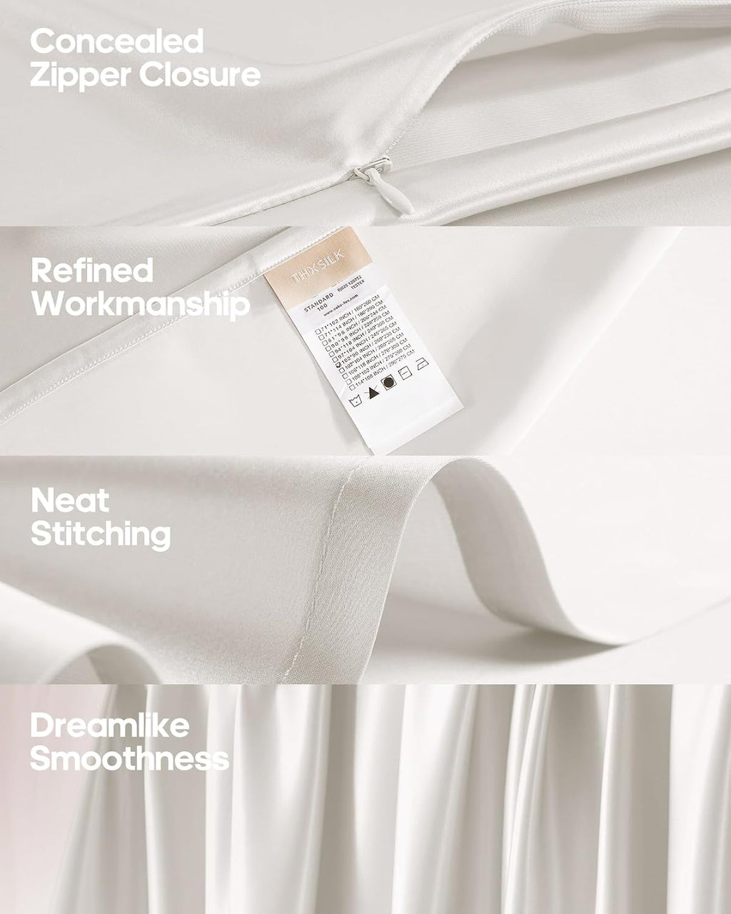 THXSILK Silk Sheet Set 3 Pcs, Full Size Sheet Set, Soft Breathable Bed Sheets with 1 Fitted Sheet, 2 Pillowcases with Zipper Closure, Cooling for Hot Sleeper, White