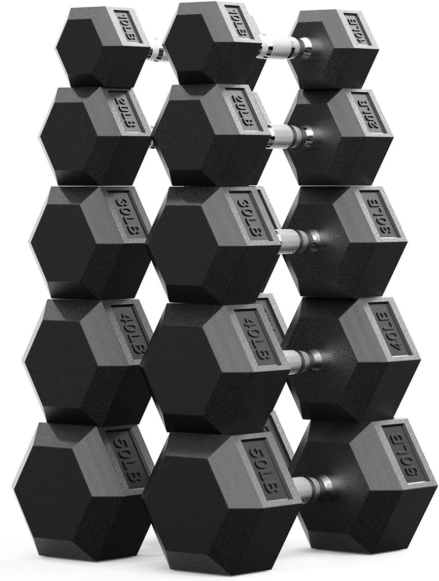 Rubber Encased Hex Dumbbell, Hand Weights with Anti-Slip Cast Iron Grip for Exercise & Fitness, Weights Dumbbells Set of 2 for Strength Training