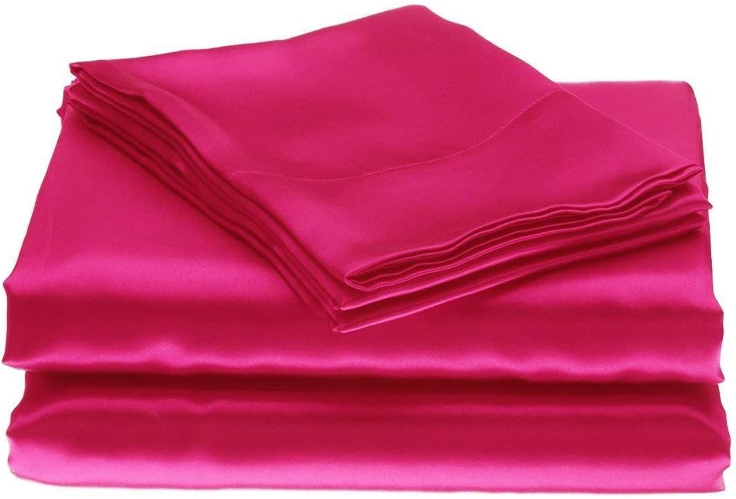 16 Momme 100% Mulberry Silk Bedding Set Full XL Size 4-Piece Luxury (2 Pillowcases, 1 Fitted Sheet, 1 Flat Sheet) - 6A Grade Natural Silk Fits 22-25' Deep Pocket (Solid, Hot Pink)