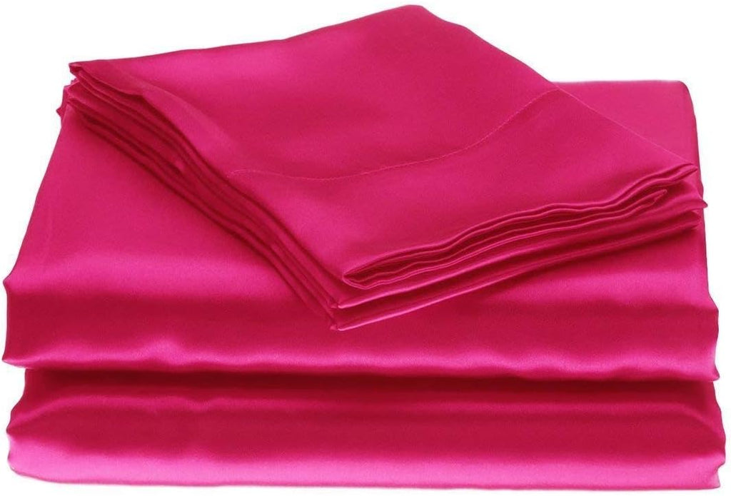 Twin XL Size 4-Piece Sheet Set Premium 30 Momme Mulberry Silk Bed Sheets Set Fits 23-26' Deep Pocket (Solid, Hot Pink)