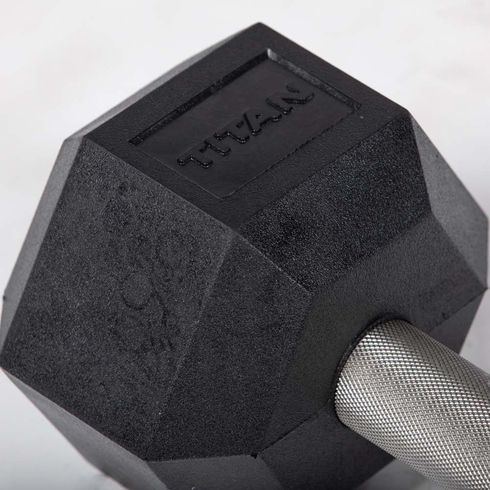 Titan Fitness Free Weights, Rubber Coated Hex Dumbbell, Straight Stainless Steel Handle, Strength Training, Full Body Workout