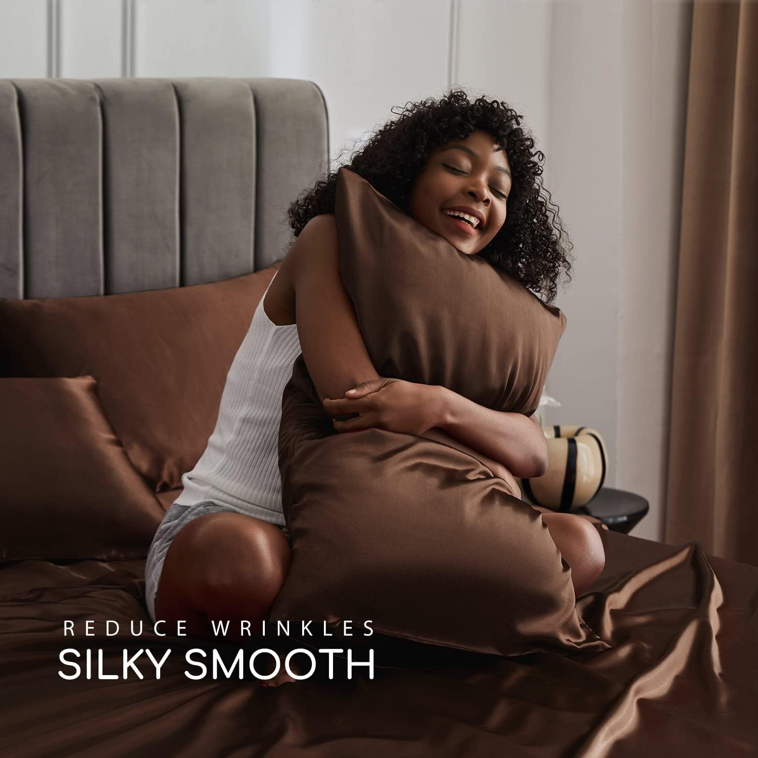 Twin XL Size 4-Piece Sheet Set Premium 30 Momme Mulberry Silk Bed Sheets Set Fits 23-26' Deep Pocket (Solid, Chocolate)