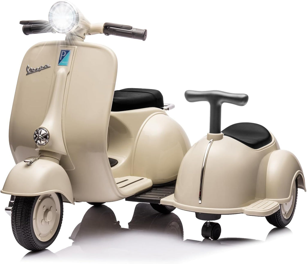 Licensed Vespa Ride on Toys, Motorcycle with Side Car & Speaker | Motorcycle 3 Wheeler 2 Seater Car Rechargeable with Music Player, Headlight, USB Plug, Forward, Backward, Beige