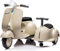 Licensed Vespa Ride on Toys, Motorcycle with Side Car & Speaker | Motorcycle 3 Wheeler 2 Seater Car Rechargeable with Music Player, Headlight, USB Plug, Forward, Backward, Beige
