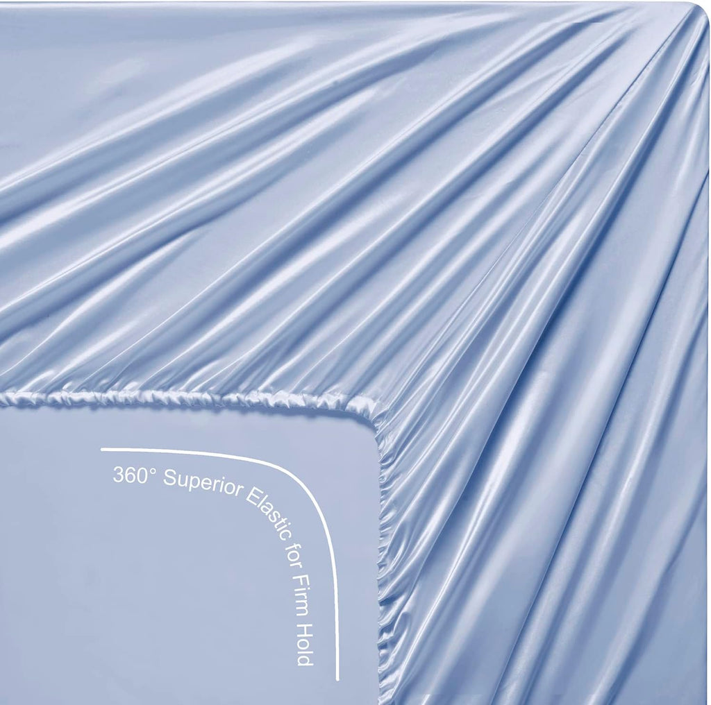 16 Momme 100% Mulberry Silk Bedding Set Full XL Size 4-Piece Luxury (2 Pillowcases, 1 Fitted Sheet, 1 Flat Sheet) - 6A Grade Natural Silk Fits 22-25' Deep Pocket (Solid, Light Blue)