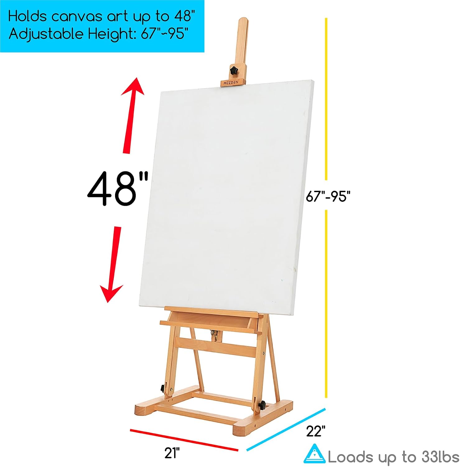 MEEDEN Studio H-Frame Easel with Storage Tray, Solid Beech Wood Artist Painting Easel, Best Wooden Floor Easel, Holds Canvas Art up to 48'