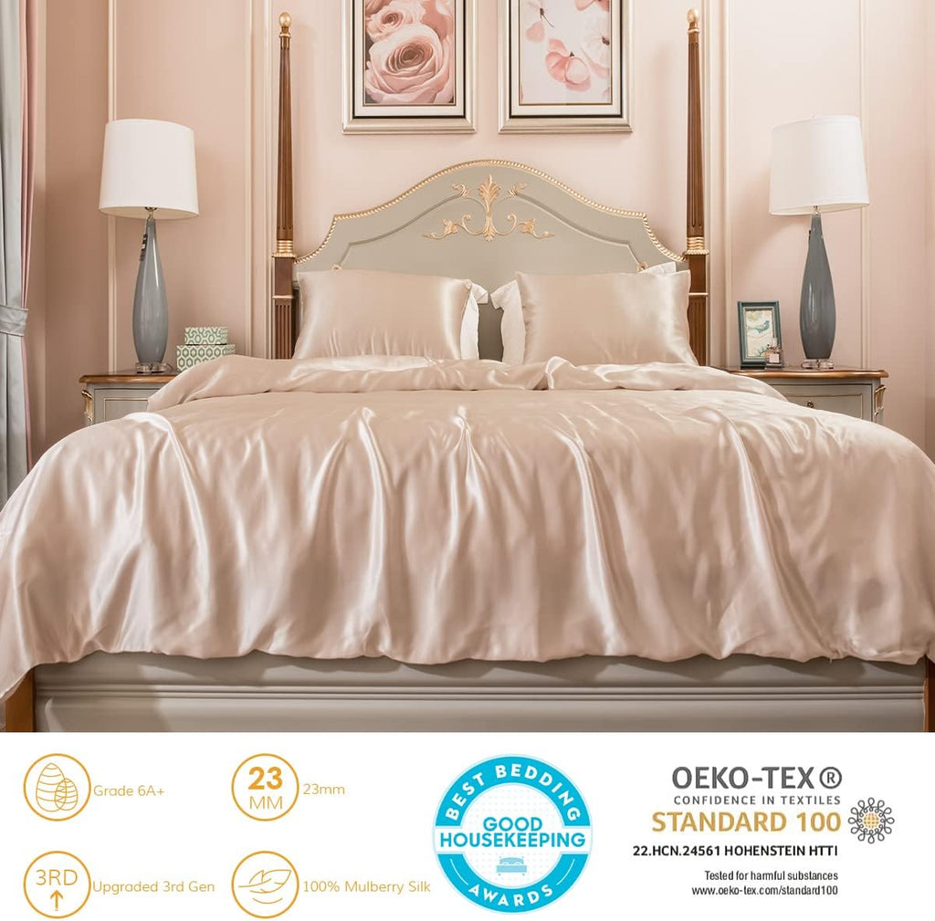 PROMEED 100% Mulberry Silk Duvet Cover Queen Size, Real Grade 6A+ 23 Momme Silk Quilt/Comforter Cover with Zipper and Coner Tie (Champagne, King)