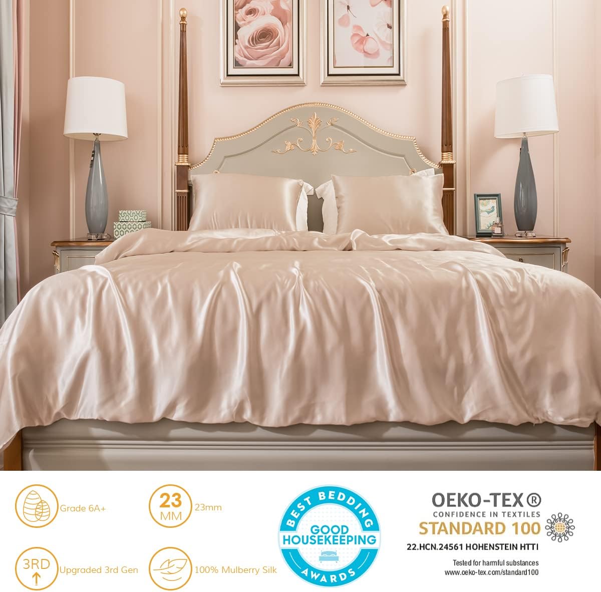 PROMEED 100% Mulberry Silk Duvet Cover Queen Size, Real Grade 6A+ 23 Momme Silk Quilt/Comforter Cover with Zipper and Coner Tie (Champagne, King)