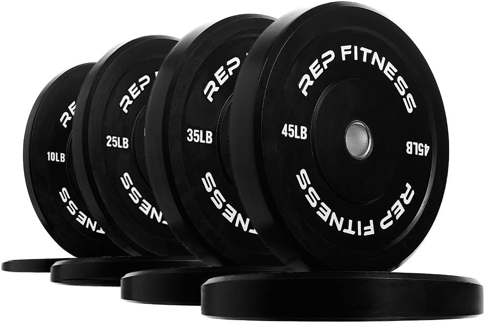 REP Fitness Rubber Bumper Plates, 5Lb to 370 lb Set Pairs, Olympic Standard Weights, Shock Absorbing Low Bounce Design, For Home Gyms, Fitness Centers, Strength Workouts, Barbell Use