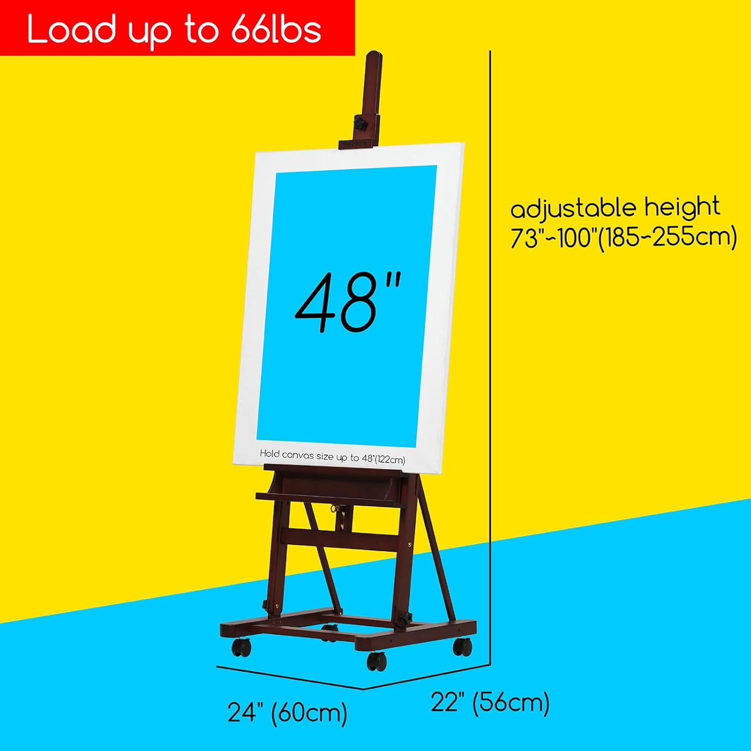 MEEDEN Large Studio Artist Easel, Holds Max Canvas 48', Solid Beech Wood H-Frame Easel with Large Storage Tray, Adjustable Art Painting Easel Stand with Wheels for Beginners & Artists, Deep Walnut