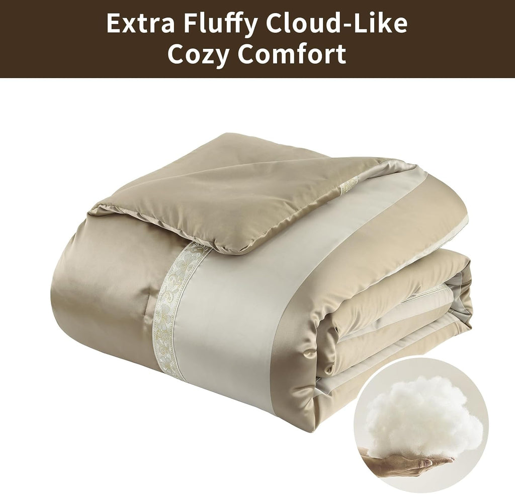 SahSahCasa 7-Piece Luxury King Comforter Set, Bed in a Bag King, Jacquard Silky Fluffy Comforter Bedding Set with Bed Skirt, Decorative Pillows, Elegant Reversible, Down-Alternative, Champagne