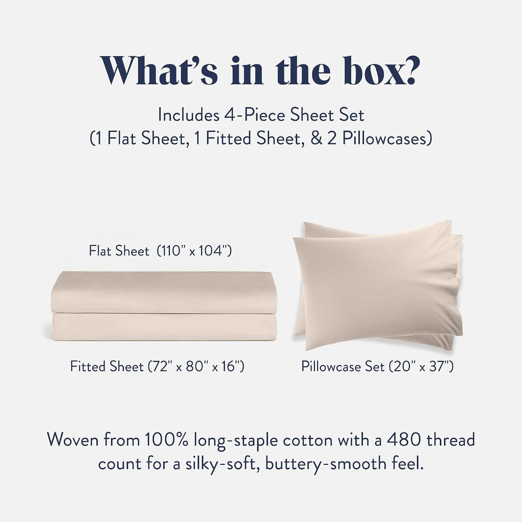 Brooklinen Luxury Sateen 4 Piece Sheet Set -100% Cotton Bed Sheets, Soft & Durable California King Size Sheets Set in Pebble, Oeko-TEX Certified Bedding Set,1 Fitted Sheet,1 Flat Sheet,2 Pillowcases