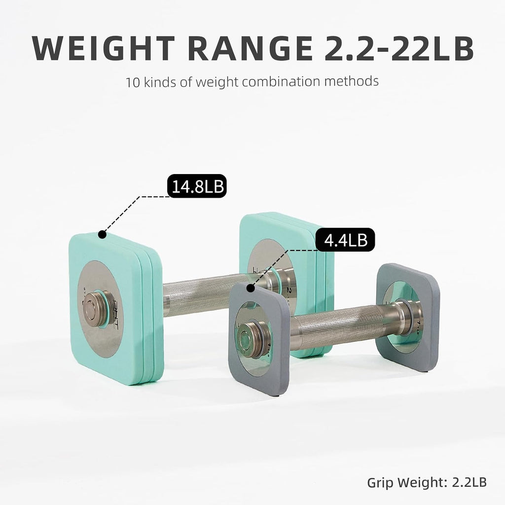 DHT Adjustable Dumbbells, Dumbbell Sets with Rack, Free Weights Dumbbells Set, All-Purpose Fitness, Anti-Rolling, Weights Set for Gym, Home, Office, 2.2-22 lbs, 1 Set