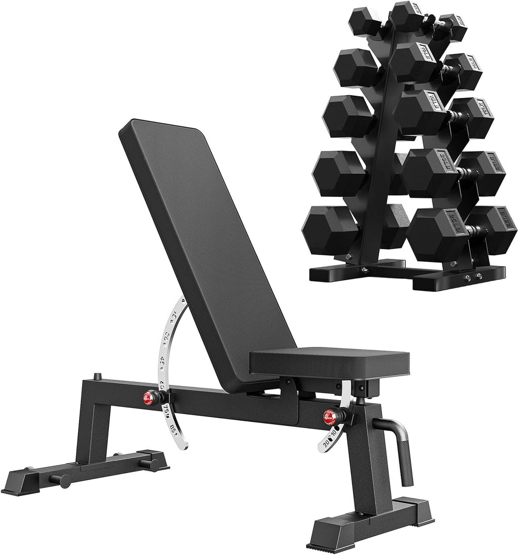PAPABABE Adjustable Weight Bench with Weight Set, Heavy-Duty Workout Bench with Two-Way Angle Adjustment, Comfortable Extended & Easy-to-Clean Backrest, Transport Wheels & Easy Mobility for Home Gym