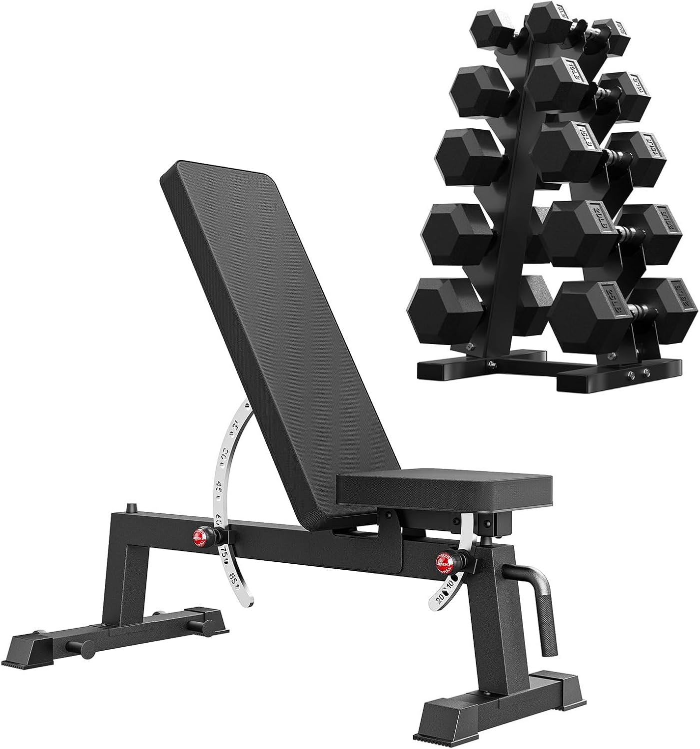 PAPABABE Adjustable Weight Bench with Weight Set, Heavy-Duty Workout Bench with Two-Way Angle Adjustment, Comfortable Extended & Easy-to-Clean Backrest, Transport Wheels & Easy Mobility for Home Gym