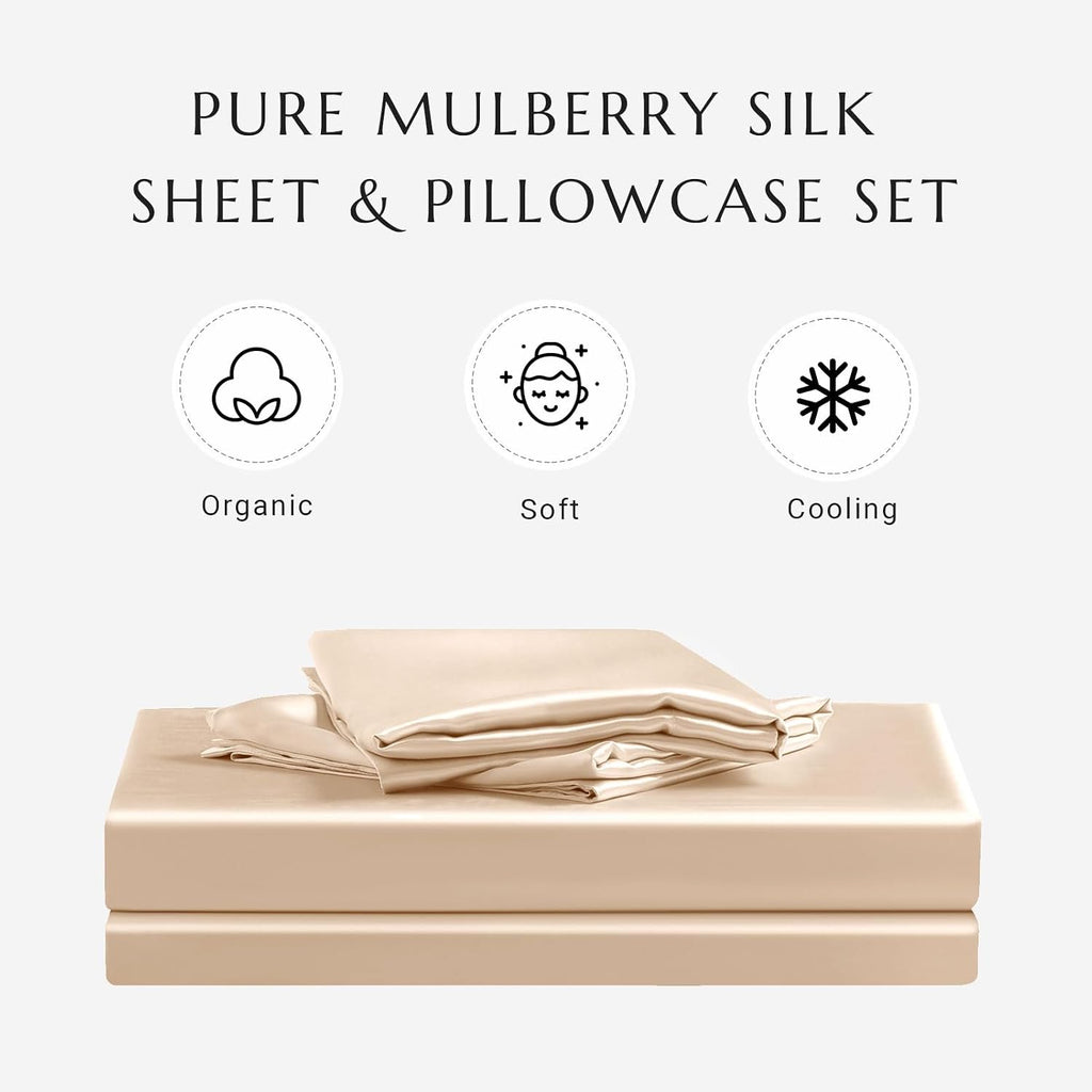 THXSILK 100% Silk Sheet Set, 7A+ Silk Sheet Set Soft Breathable, Luxury Bedding (1 Duvet Cover, 1 Fitted Sheet, 2 Pillow Shams), King, Champagne