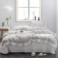 Simple&Opulence 100% Linen Duvet Cover Set (104'x92') Floral Flax King Size, Shabby Chic Ruffle Edge Lace Insert Decoration, 3 Pcs Farmhouse Bedding-1 Comforter Cover 2 Pillow Shams, Floral Grey
