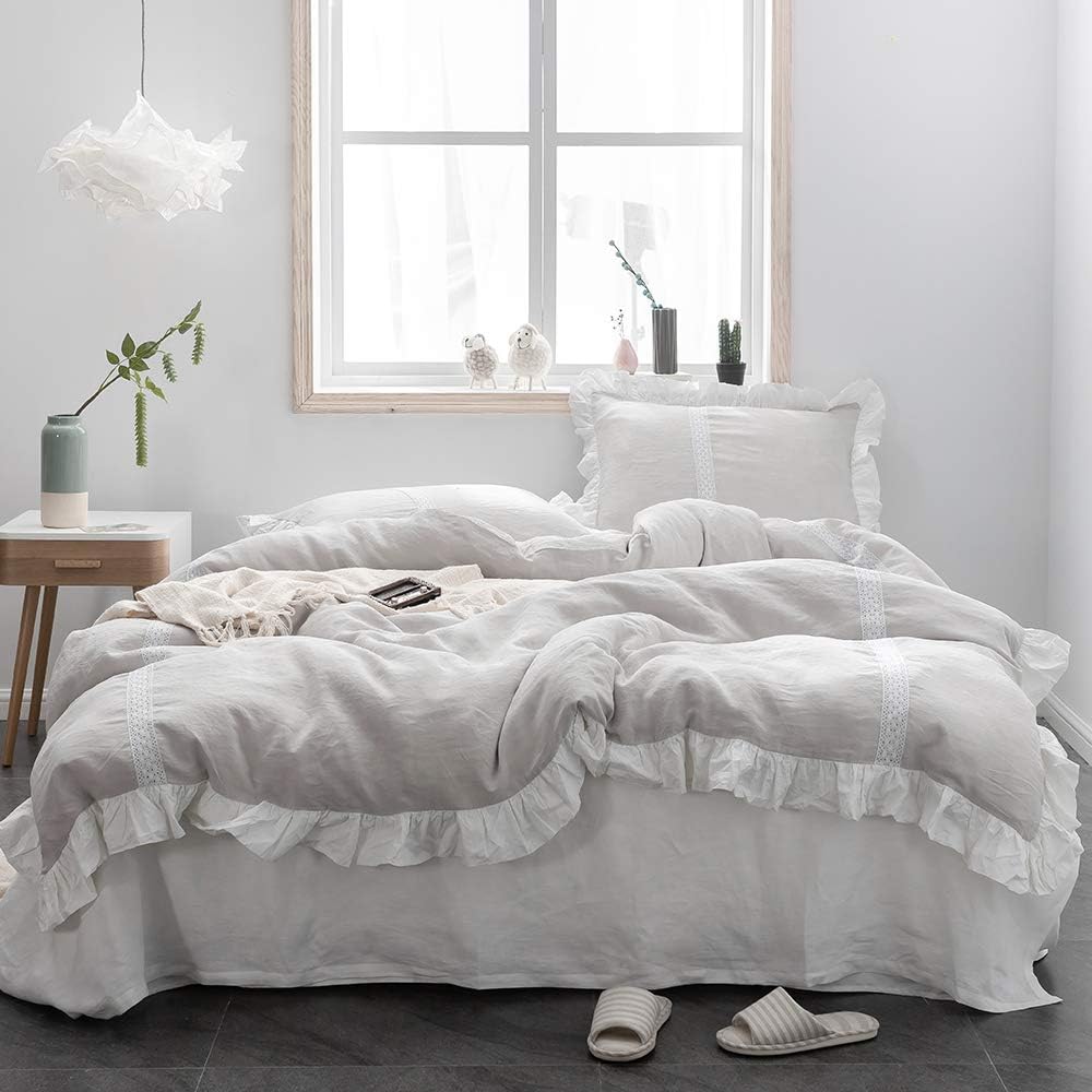 Simple&Opulence 100% Linen Duvet Cover Set (104'x92') Floral Flax King Size, Shabby Chic Ruffle Edge Lace Insert Decoration, 3 Pcs Farmhouse Bedding-1 Comforter Cover 2 Pillow Shams, Floral Grey