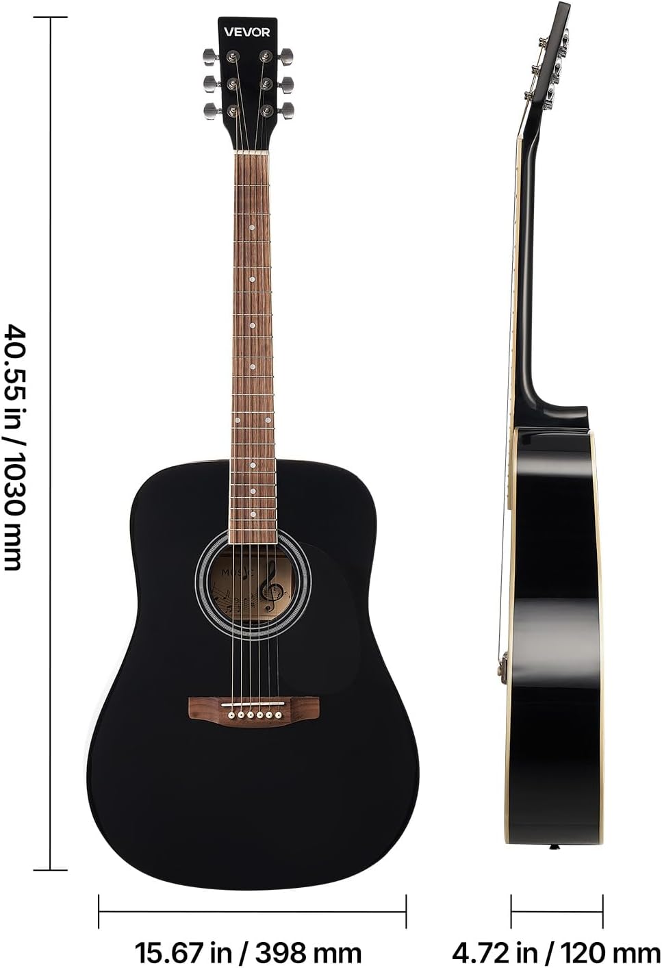 VEVOR Dreadnought Acoustic Guitar, 41 in, 6-String Black Solid Spruce Top Guitar, Beginner Bundle with Gig Bag, Tuner, Strap, Steel Strings, Picks, Capo, Rosewood Fingerboard, for Adult Taller Player