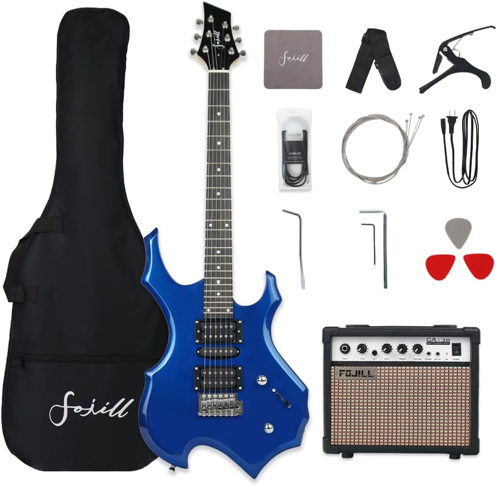 Fojill Heavy Metal Cool Shape Electric Guitar Kit Set Beginner Starter Combo Package Bundle 20W Amplifier Amp Accessory Padded gig Bag,Picks, Cable,Strap,Extra Strings (FCGK-50, Metallic Blue)