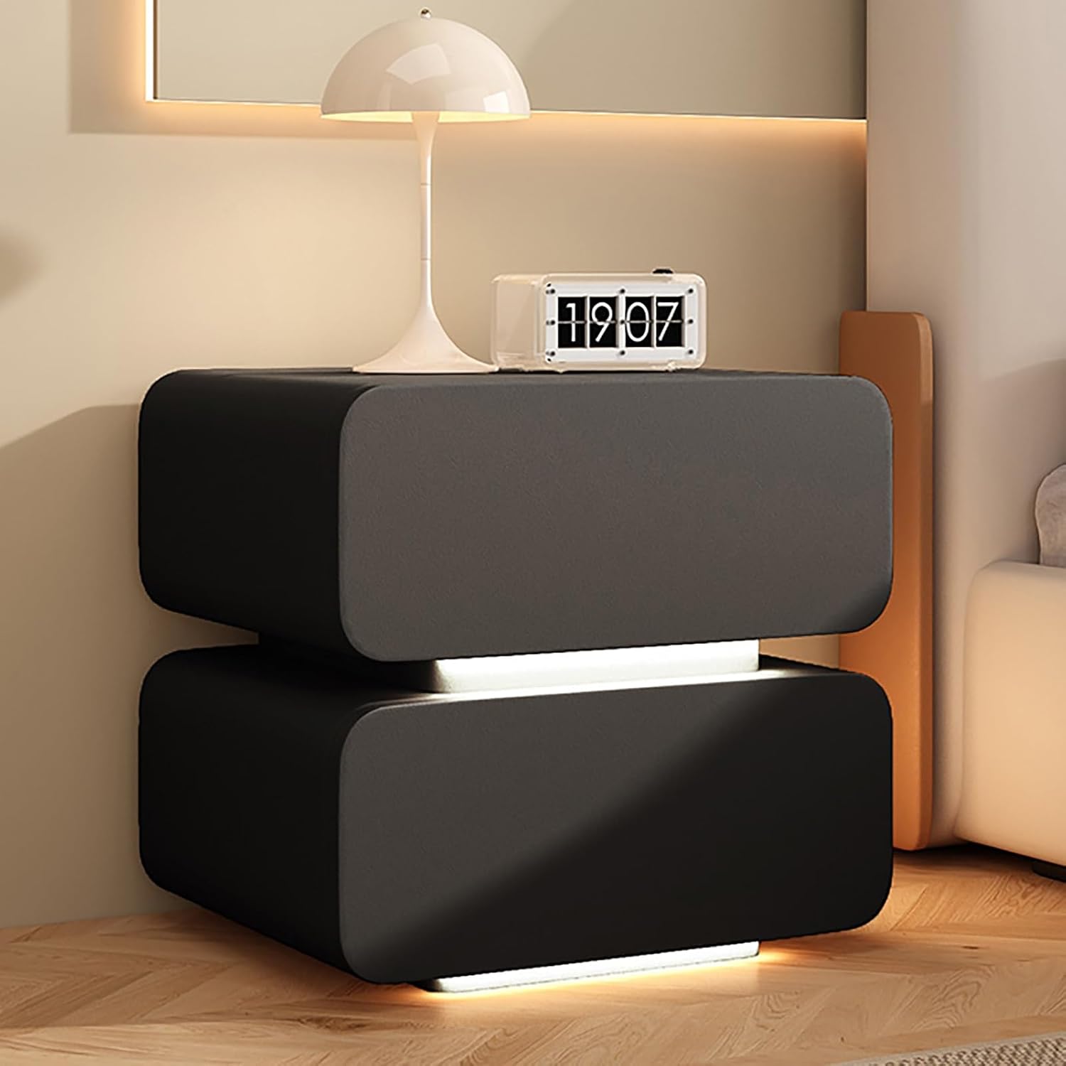 Modern Solid Wood Bedroom Night Table,Small Night Stand with Upholstered Leather Finish,Modern Side Table,2 Drawers,for Bedroom Bedside(Black,L45cm/17.7in-2)