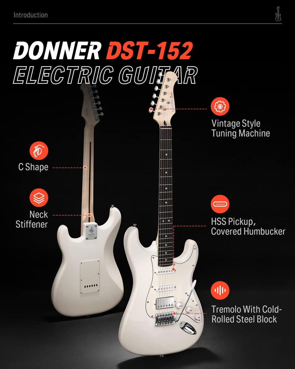 Donner Electric Guitar, DST-152 39' Starter Kit with HSS Pickup Coil Split, 10W Amp, Padded Bag, Accessories, Polar White