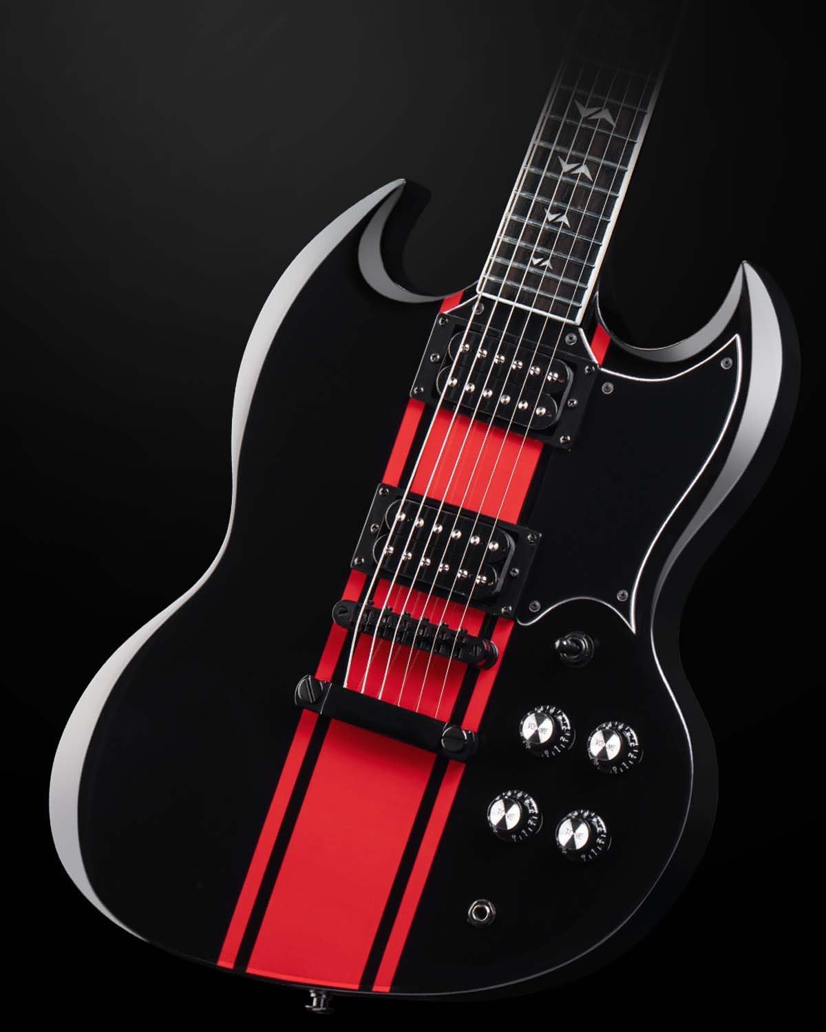 WestCreek RACER Solid Body Electric Guitar, SG guitar, Rounded End Frets, Bone nut, Rosewood Fingerboard, Mahogany Body (Black-Red Stripe)