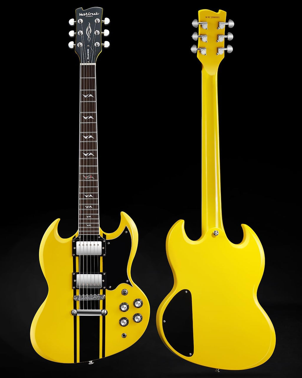 WestCreek RACER Solid Body Electric Guitar, Double Cut guitar, Rounded End Frets, Bone nut, Rosewood Fingerboard, Mahogany Body (Bumble-B)