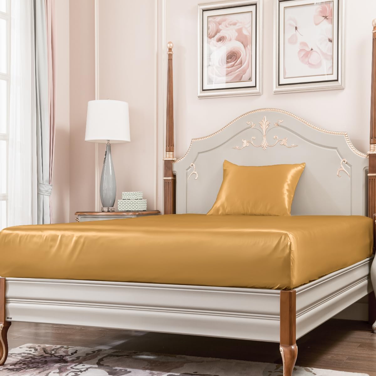 PROMEED 100% Mulberry Silk Fitted Sheet Set, 23 Momme Deep Pocket Natural Silk Fitted Sheet and Pillowcase Set for Twin XL Size Bed, 2pcs (Gold, Twin XL)