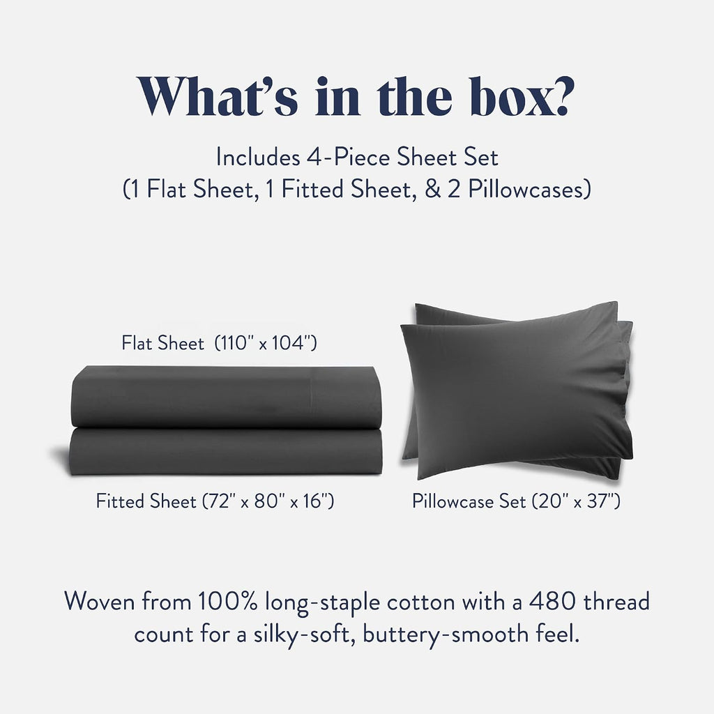 Brooklinen Luxury Sateen 4 Piece Sheet Set - 100% Cotton Bed Sheets, Durable California King Size Sheets Set in Slate Grey, Oeko-TEX Certified Bedding Set, 1 Fitted Sheet, 1 Flat Sheet, 2 Pillowcases