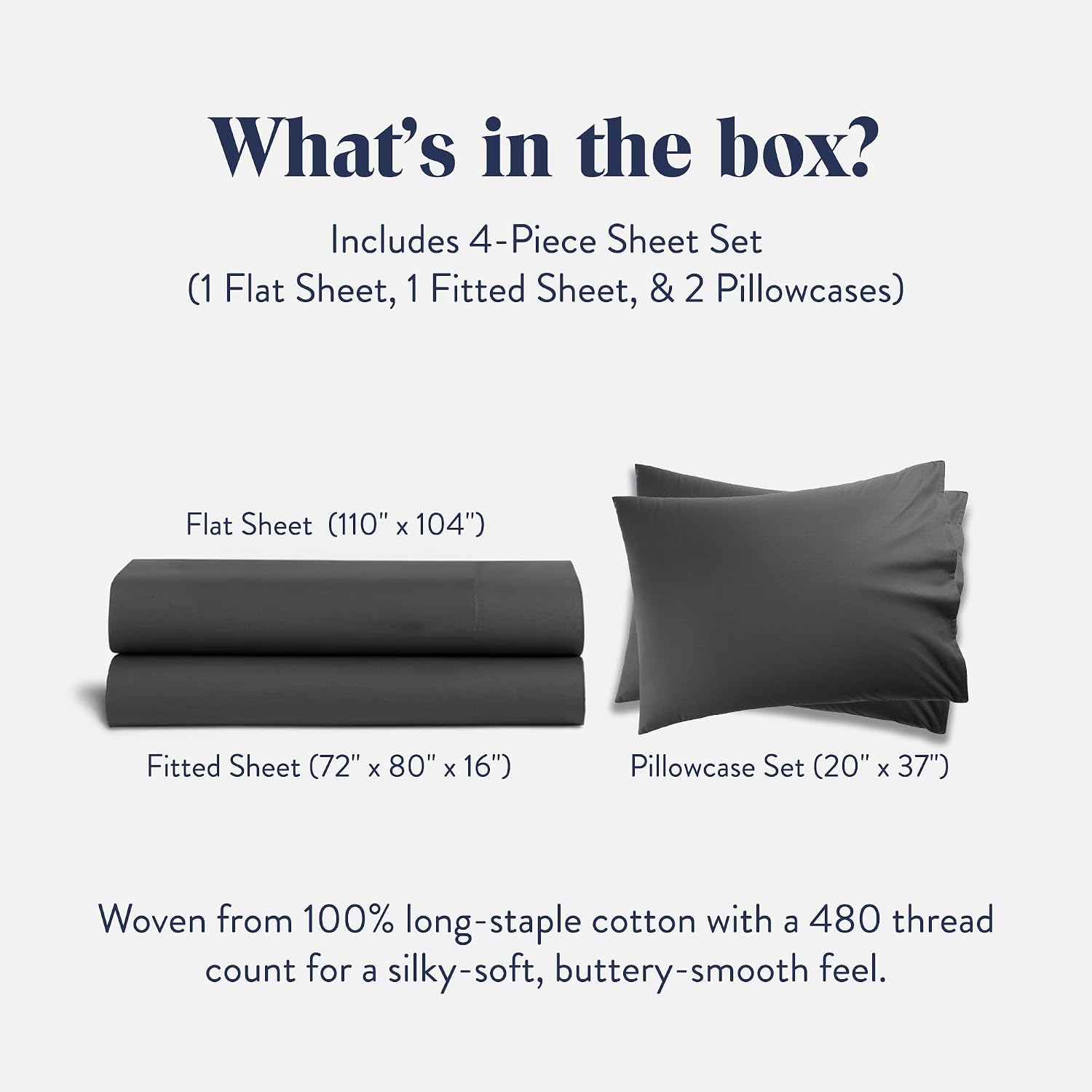 Brooklinen Luxury Sateen 4 Piece Sheet Set - 100% Cotton Bed Sheets, Durable California King Size Sheets Set in Slate Grey, Oeko-TEX Certified Bedding Set, 1 Fitted Sheet, 1 Flat Sheet, 2 Pillowcases