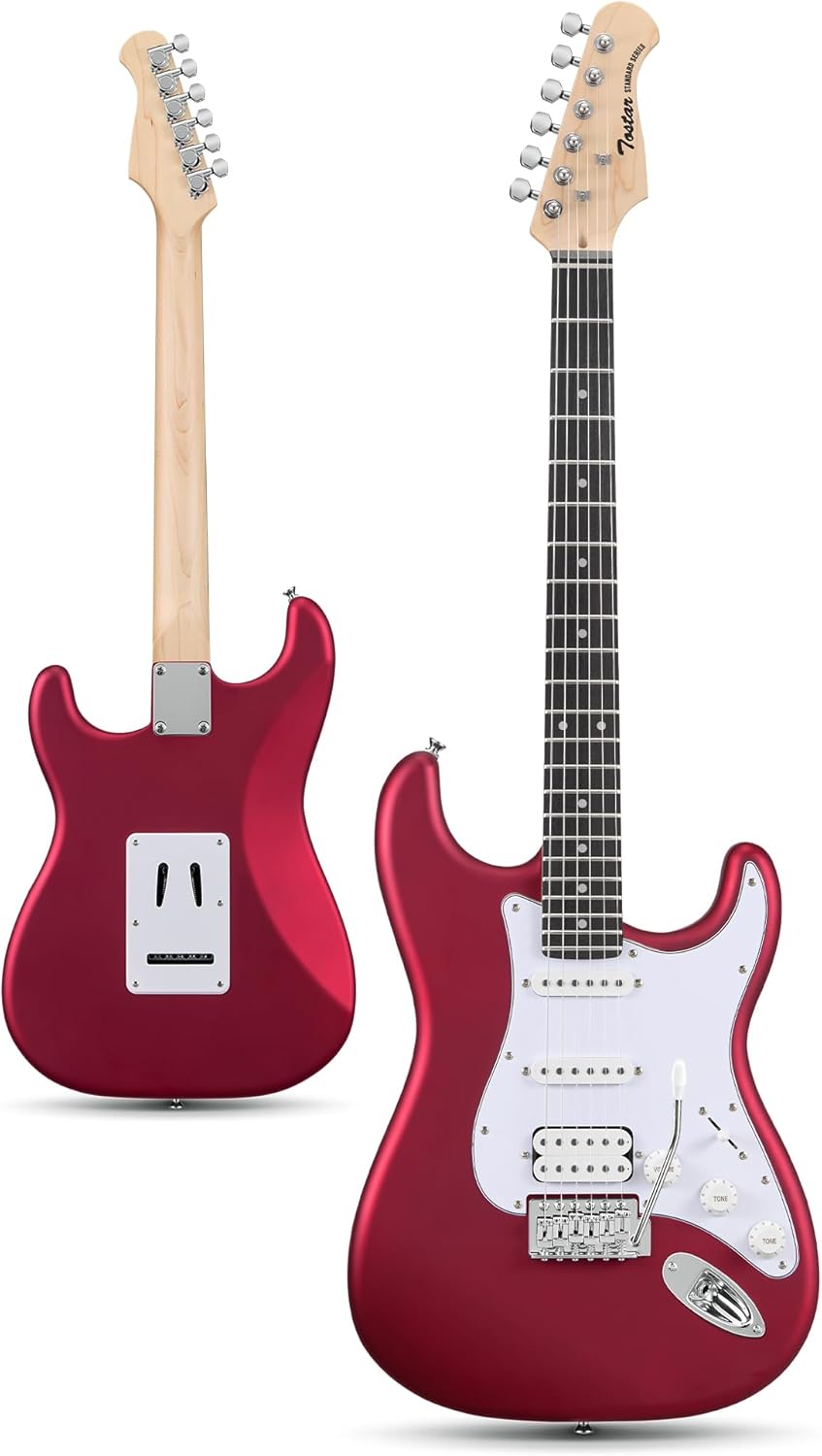 Tostar Beginner Electric Guitar, Solid Body, 39' Full Size Strat Style with HSS Pickups, 5-Way Switch, Tremolo Bridge, Maple Neck & Tectona Fretboard, Ideal for Beginners and Gifting, Red