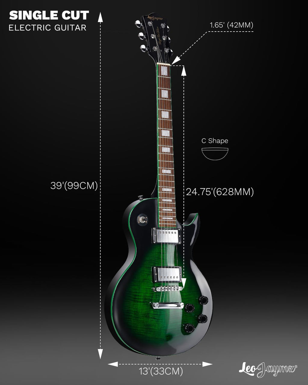 Leo Jaymz SC Series Electric Guitar – Mahogany Body, Laurel Fingerboard, Dual Humbuckers, Tune-O-Matic Bridge, C Neck, 18:1 Tuners (Black Green)