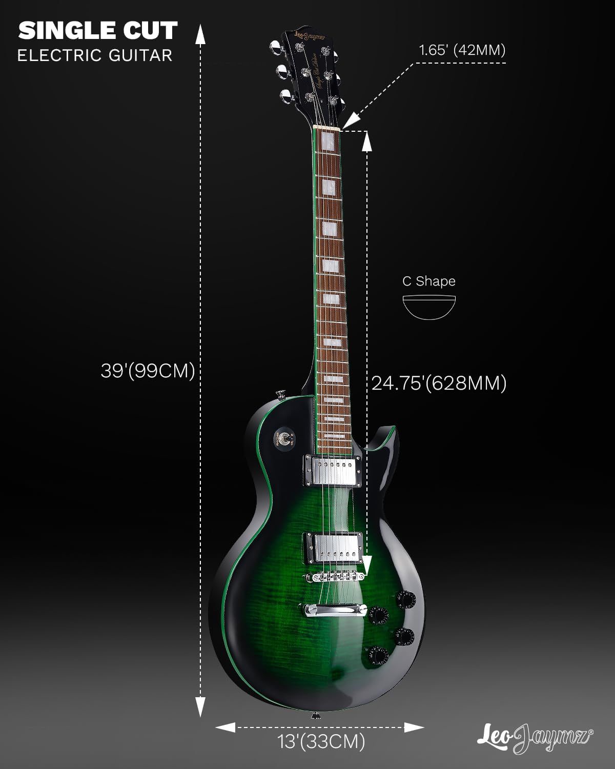 Leo Jaymz SC Series Electric Guitar – Mahogany Body, Laurel Fingerboard, Dual Humbuckers, Tune-O-Matic Bridge, C Neck, 18:1 Tuners (Black Green)