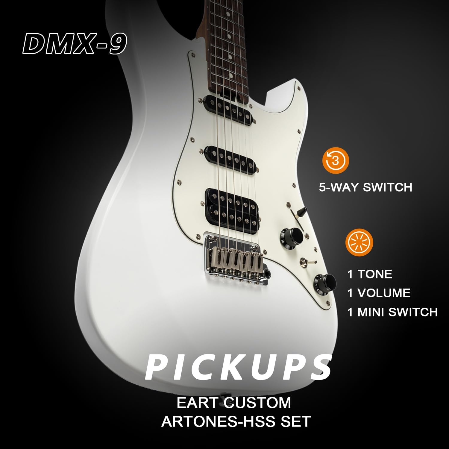 EART Electric Guitar DMX-9, 6 String Tremolo Bridge, Humbucker Pickups, Solid Body, 5-Way Switch Guitars (Gloss Pearl White)