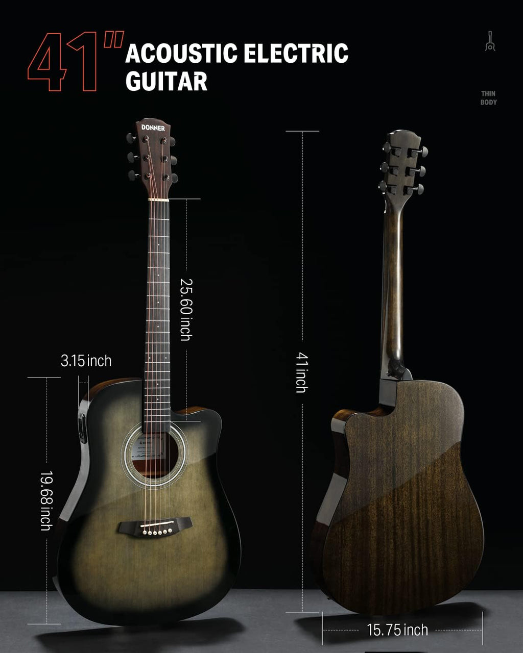 Donner Acoustic Electric Guitar Full Size Kit for Beginner Intermediate with Amplifier Capo Pick Tuner Strings Strap - 41 Inch