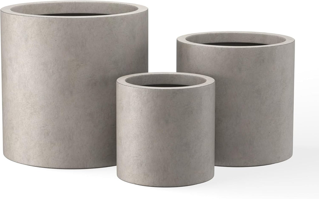 Kante Set of 3 Concrete Planters, Graduated Cylinders 9.8' to 15.7' H 9.8',12.6',15.7' Dia Lightweight Round Pots with Drainage Hole Rubber Plug, Weathered Concrete for Indoor Outdoor, Home Garden