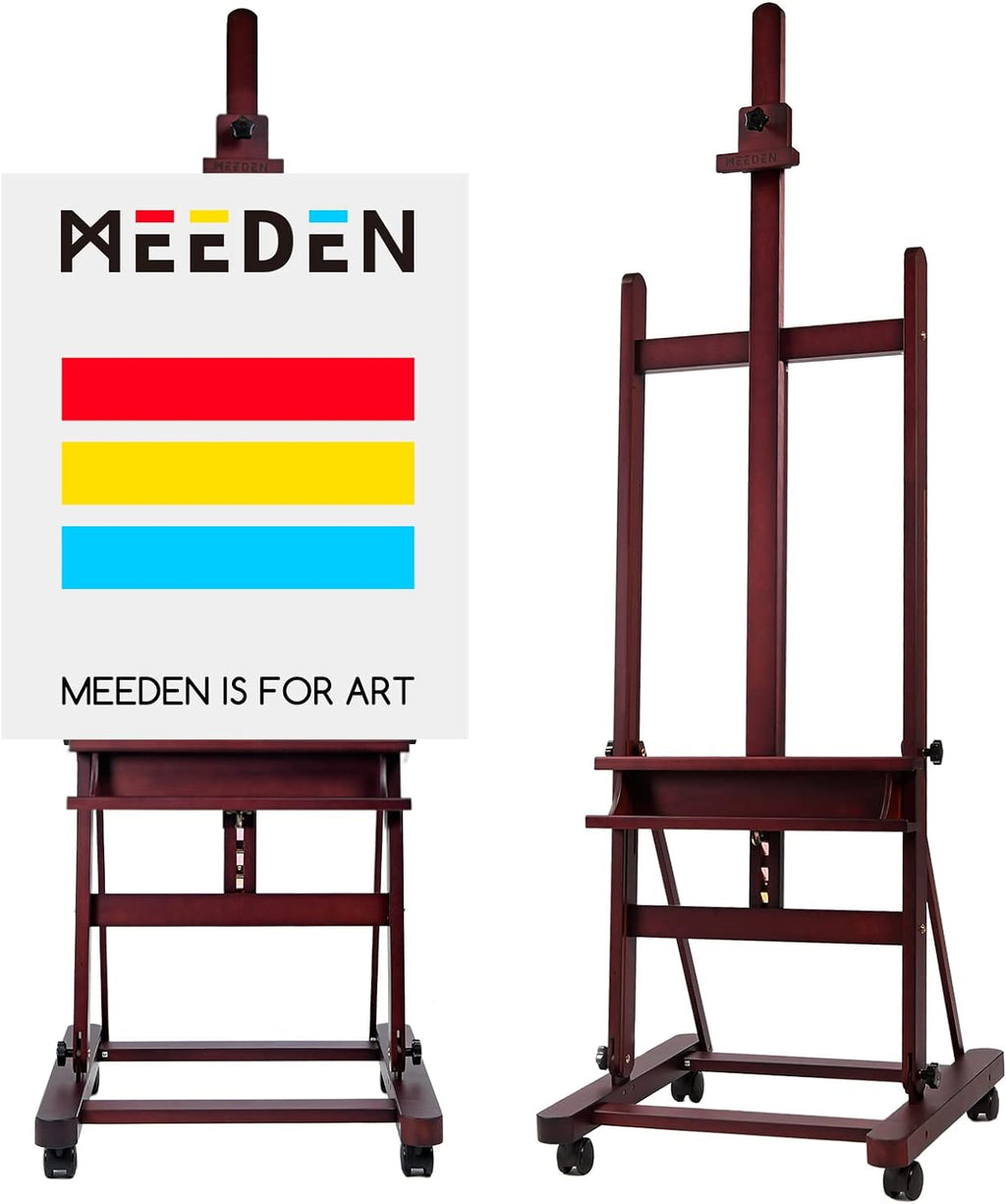 MEEDEN Large Studio Artist Easel, Holds Max Canvas 48', Solid Beech Wood H-Frame Easel with Large Storage Tray, Adjustable Art Painting Easel Stand with Wheels for Beginners & Artists, Deep Walnut