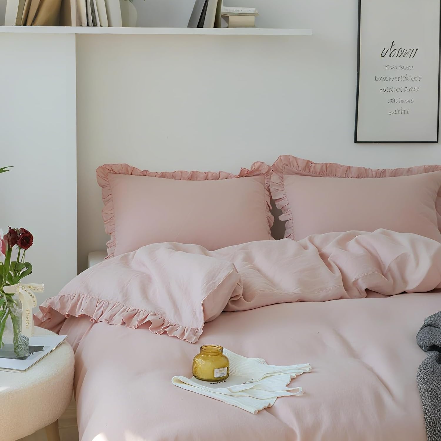 Simple&Opulence 100% Linen Duvet Cover Set, 3 PCS Natural French Flax Blush Pink Ruffle Duvet Cover Queen Size, Breathable Comfy Linen Bedding Comforter Cover with 2 Pillowcases(Blush Pink, 88' X 92')