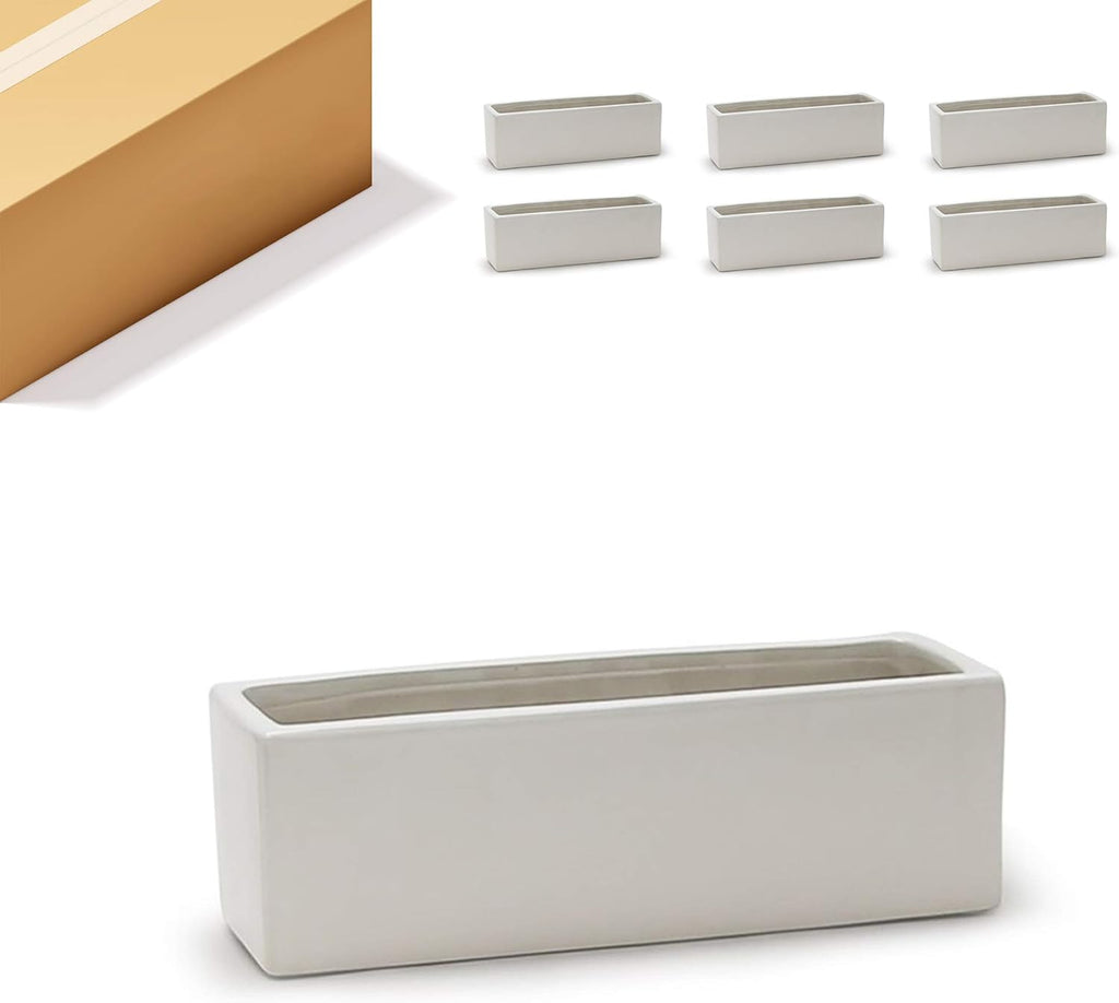 WGVI Long Rectangle Ceramic Planter Vase in White 12' x 4' x 4'H, Block Rectangular Terrarium Box Pot, Flower Arrangement, Table top Centerpiece, Home Decor Organization Storage Container, 6 Pcs.