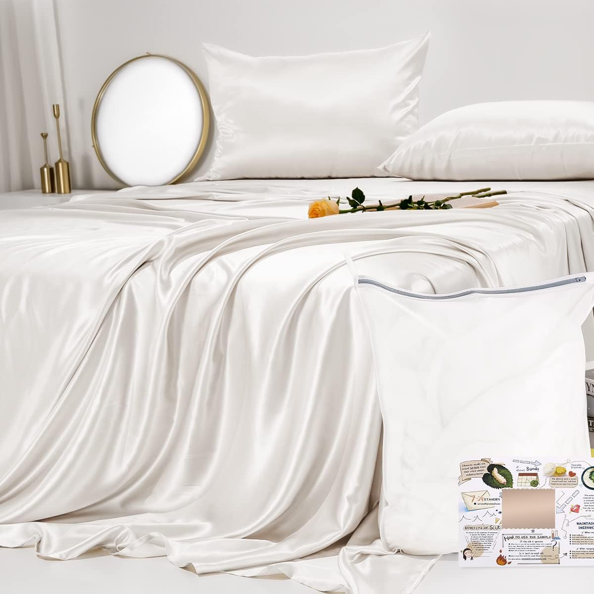 PROMEED 100% Mulberry Silk Sheets Set - 4 PCS, 23 Momme Silk Bedding Set with Flat Sheet, Fitted Sheet and Pillowcases (White, King)