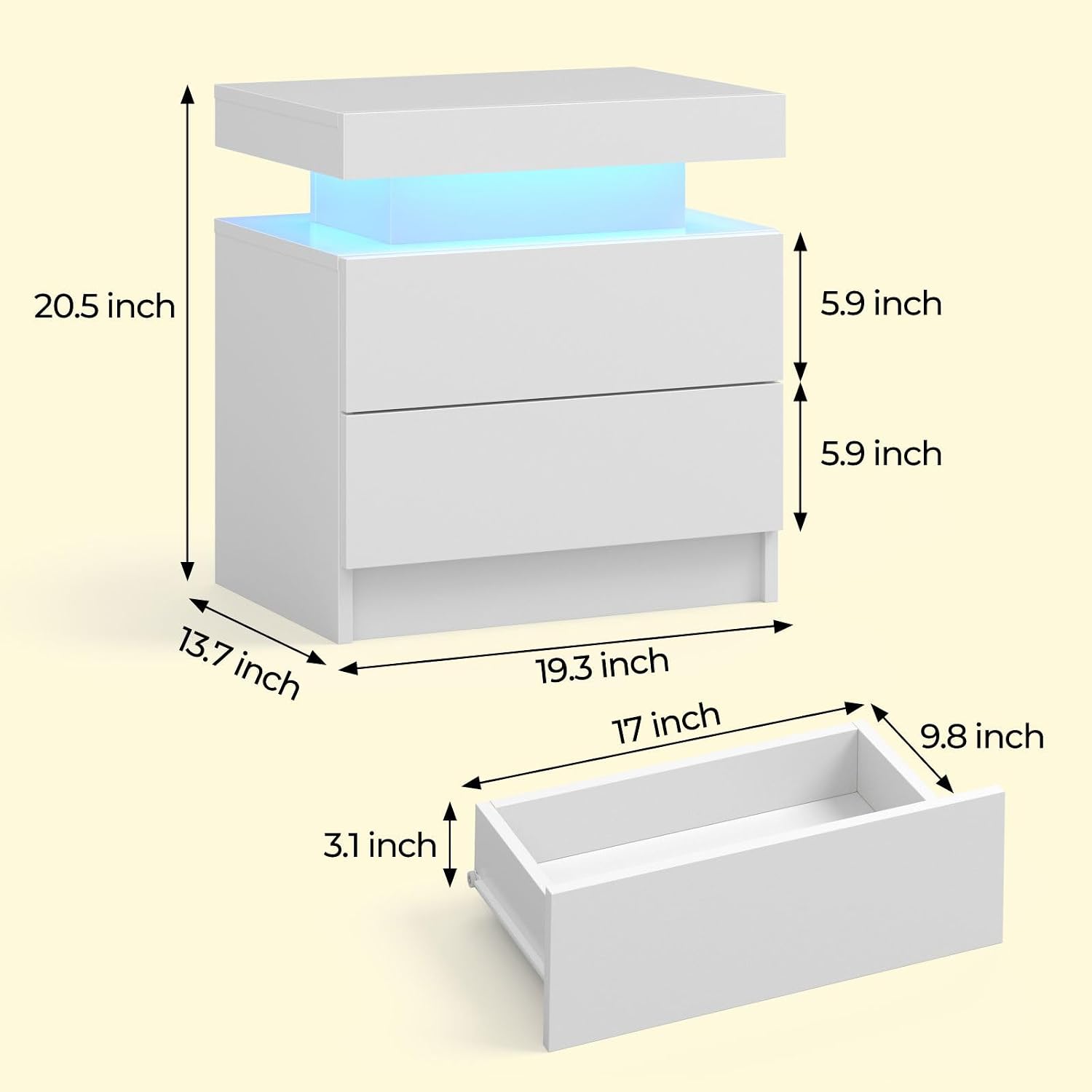 Bingoday Nightstand Set of 2 LED Nightstand with 2 Drawers, Bedside Table with Drawers for Bedroom Furniture, Side Bed Table with LED Light
