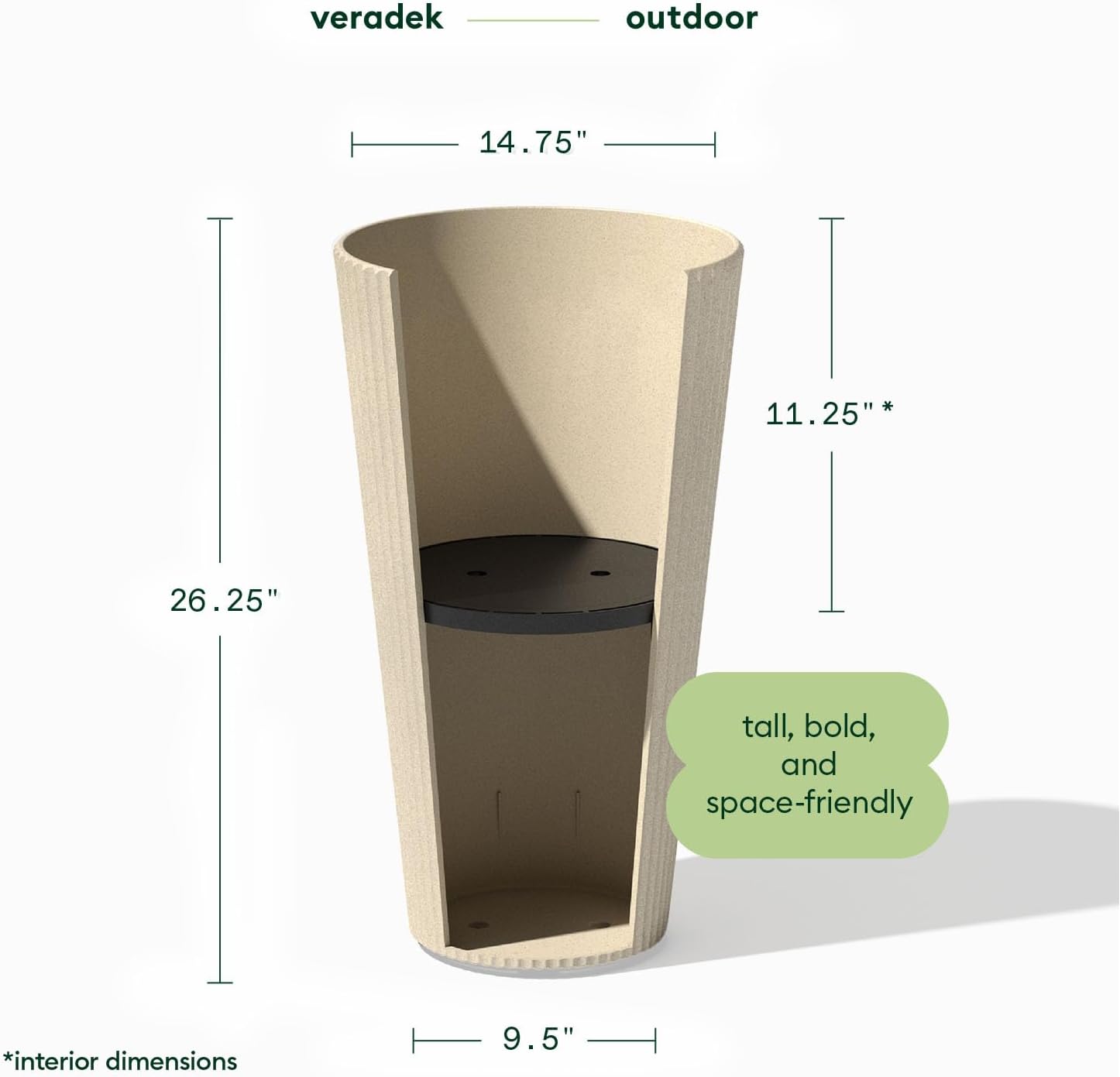 Veradek Demi Series Tall Planter for Porch, Patio, Backyard | Durable Plastic-Stone Composite Material | Modern Décor for Tall Plants, Grasses