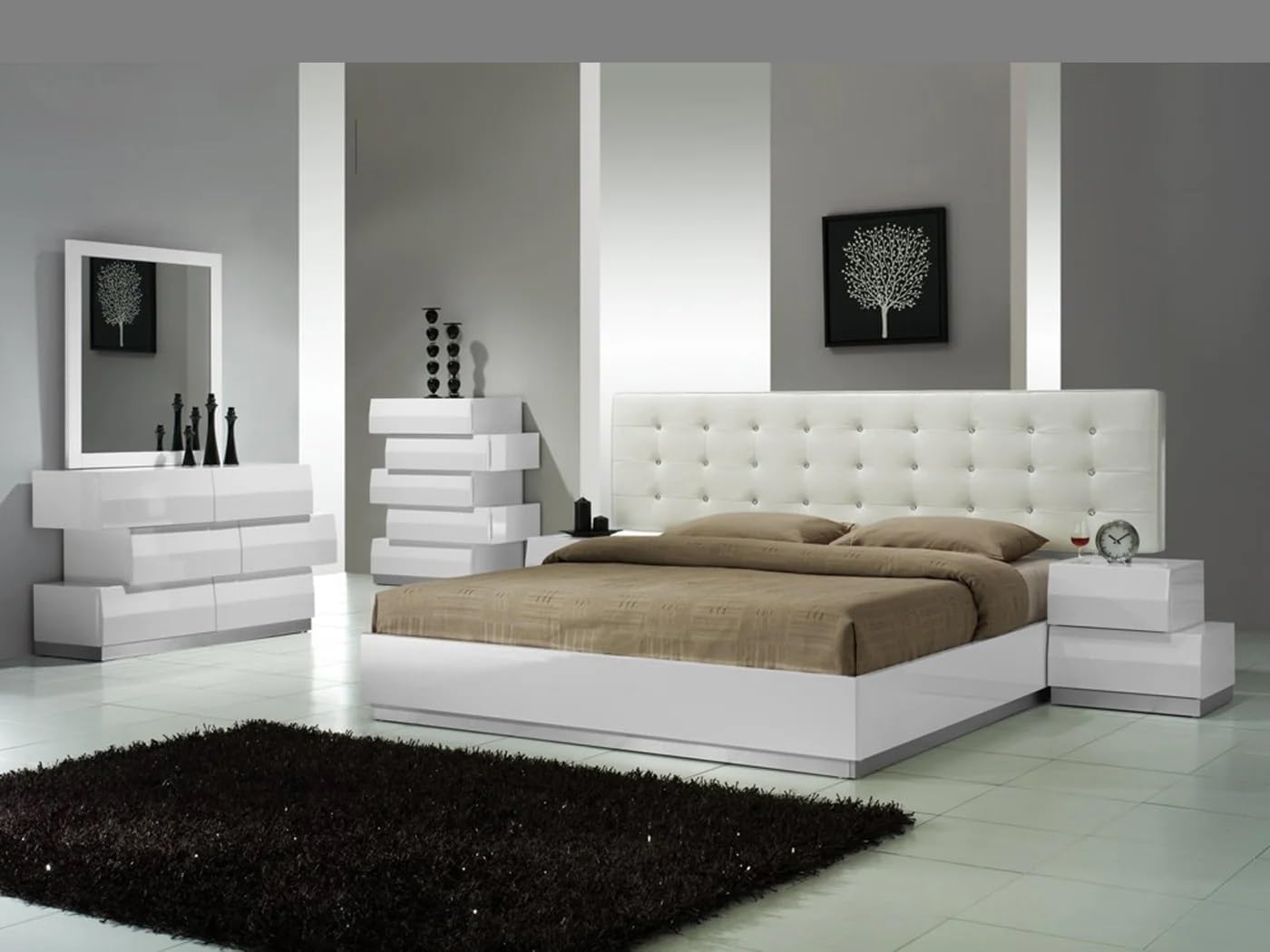 White Lacquer Wood 3pc Modern Bedroom Set California King Platform Bed Frame with 2 Nightstands, High Gloss Finish Bedroom Furniture Set